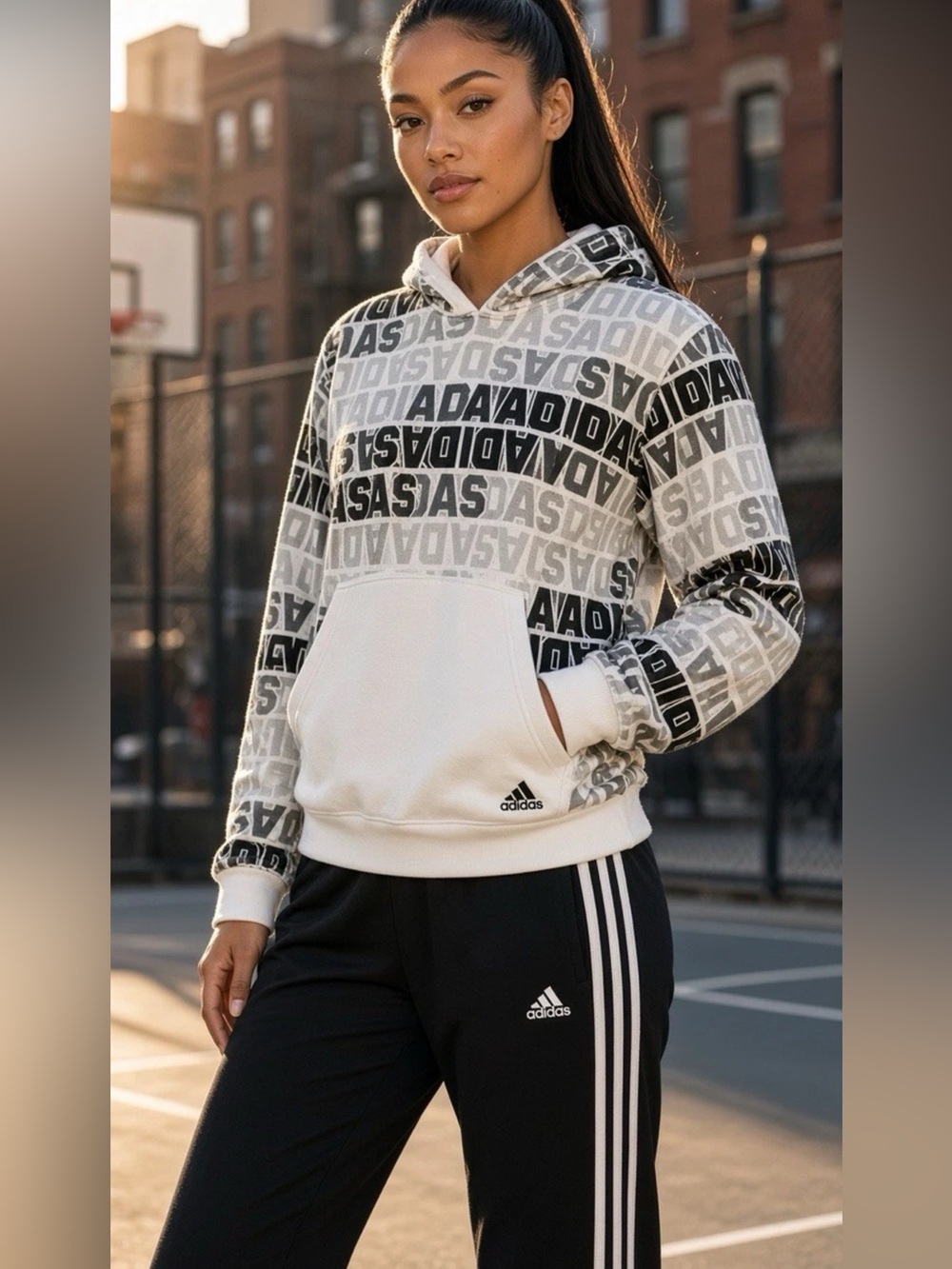 Adidas 2 PC Athleisure Set AOP Pullover Hoodie Track Pants BLK  WHT Woman’s SZ.M